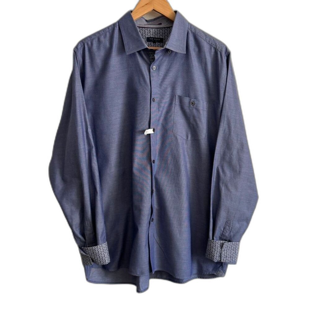 Ted Baker London Mens XL Blue 100% Cotton Shirt Contrast Floral Cuffs Geometric